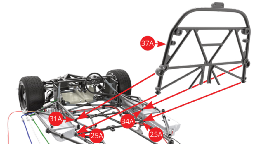 Fit 37A Cockpit partition frame to 25A Chassis lower frame sockets and 31A Left , 34A Right Side frames. Illustration below shows the attachment points on chassis in closer detail.
