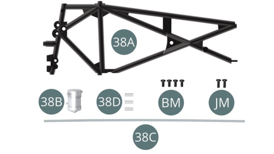 38A Left side frame 38B Fuel filter 38C Connectors ( x3 ) 38D Fuel hose BM screw M2,0 x4mm ( x4 ) JM screw M2,0 x5mm ( x2 )
