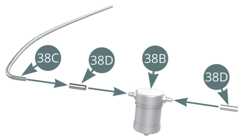Fit two Connectors (38D) to  Fuel filter (38B) pins. Fit  Fuel hose (38xc) into  Connector (38D) .
