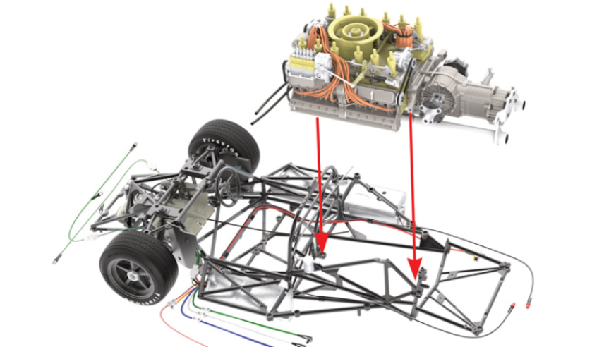 Fit Engine assembly to Chassis, aligning two immediate attachment points (red arrows). Lead Oil hoses (37B) as shown on next illustration.