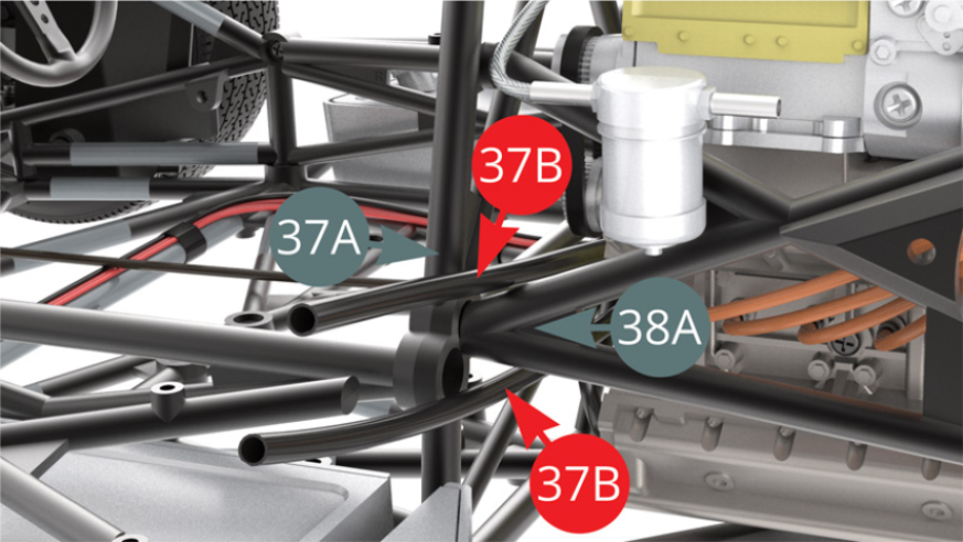 Pass the upper Oil hose (37B) above and the lower Oil hose (37B) below Left side frame V-bars (38A).