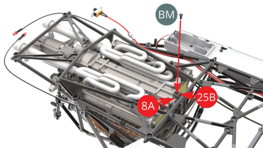 Upturn Chassis with Engine and fix Front Engine cover (8A) to  Engine front  (25A) mount with BM screw .
