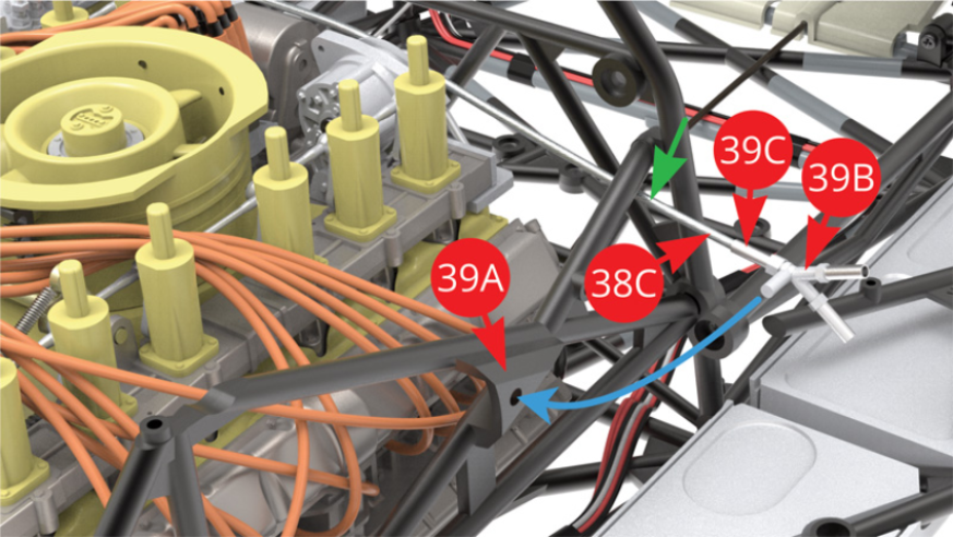 Fit  Hose manifold (39B) by single Connector (39C) to 38C Fuel hose  (38C) - pass Fuel hose (38C) below side frame bar - green arrow. Fit Hose manifold (39B) with attached  Fuel hose (38C) to  Right side frame (39A).