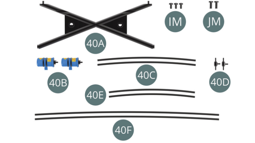 40A X- Frame 40B Ignition coils ( x2 ) 40C High tension cables ( x2 ) 40D Connector ( x2 ) 40E Brake line ( x2 ) 40F Brake line ( x2 ) IM screw M1,7 x3,5mm ( x3 ) JM screw M2,0 x5mm ( x2 ) 