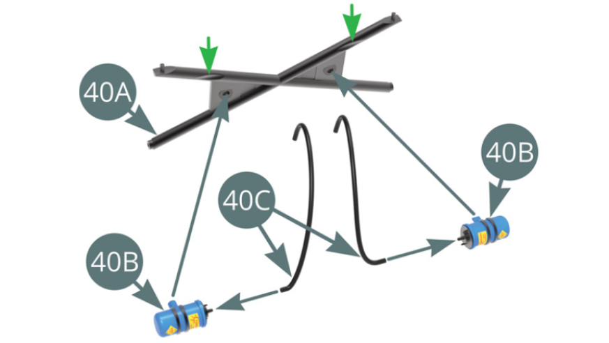 Fit  High tension cables (40C) to both Ignition coils (40B) and fit them to X-frame (40A) -  note notch orientation pointed by green arrows.