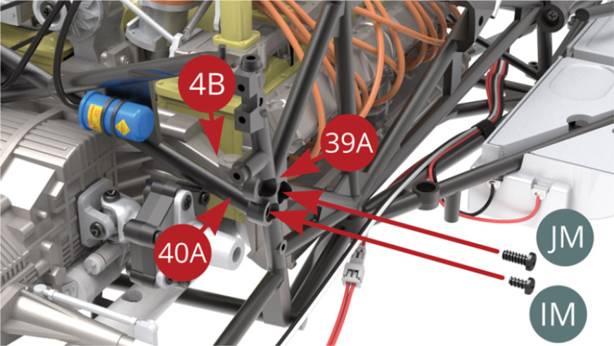 Fix  X-Frame (40A) to Right side frame (39A) with IM screw. Fix Mounting arm (4B) to Right side frame (39A) with JM screw.