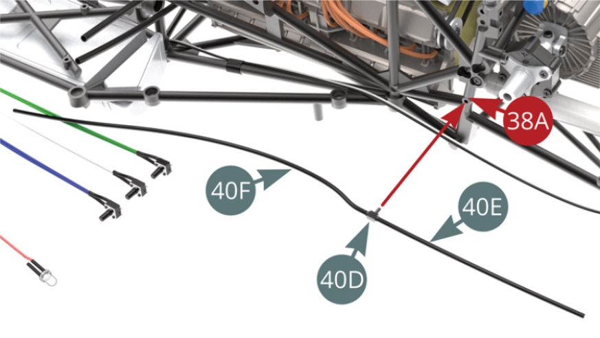 Fit  Connector (40D) with attached Brake lines (40E & 40F) to 38A Left side frame bar (38A) - upper and lower illustrations.