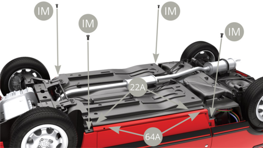 After completing the electrical installation test, turn the car over and secure the 22A (chassis) to the 64A (body) with four IM screws in the centre and two IM screws in the front (see illustrations below). 