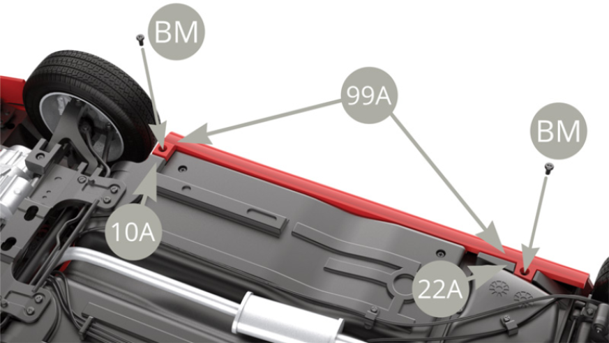 Fix 99A Left lower panel to 22A Chassis panel and 10A Front frame with two BM screws.