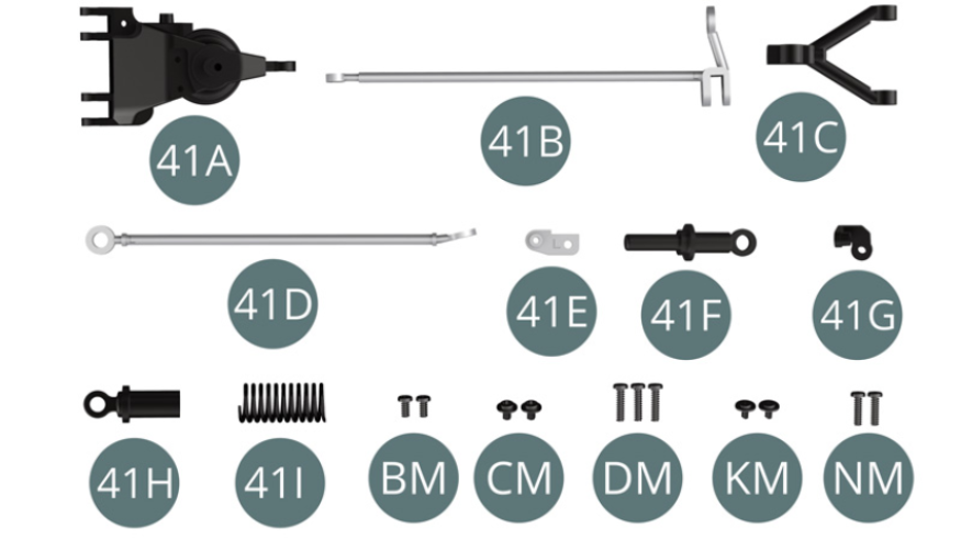 41A Rear left upright 41B Radius arm with upper link 41C Bottom wish bone 41D Radius arm 41E Bracket 41F Piston rod 41G Bracket 41H Suspension damper 41I Suspension springBM Screw M 2.0 x 4 mm (x 2) CM Screw M 2.0 x 3 x 5 mm (x 2) DM Screw M 2.0 x 8 mm (x 3) KM Vis M 1.7 x 3 x 5 mm (x 2) NM Screw M 2.0 x 7 mm (x 2)