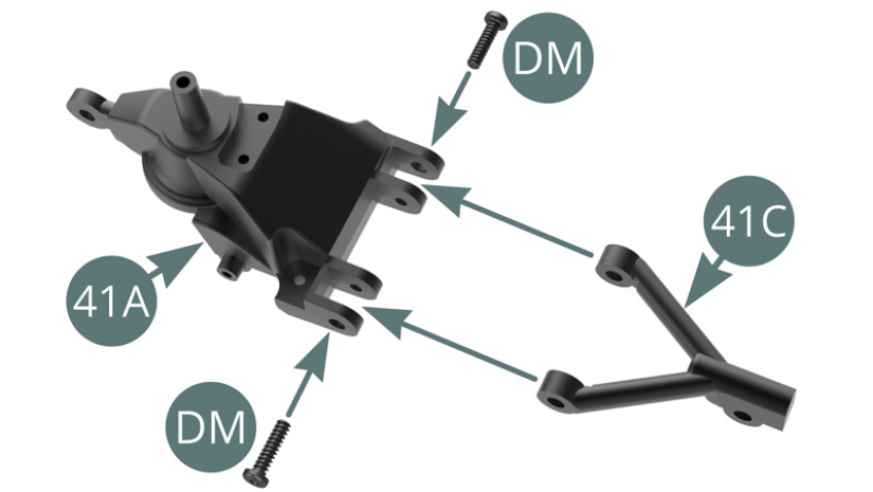 Fit Bottom wish bone (41C) to  Rear left upright (41A) and fix with two DM screws .