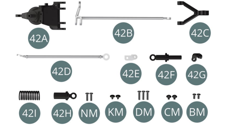 42A Rear right upright 42B Radius arm with upper link 42C Bottom wish bone 42D Radius arm 42E Bracket 42F Piston rod 42G Bracket 42H Suspension damper 42I Suspension springBM Screw M 2.0 x 4 mm (x 2) CM Screw M 2.0 x 3 x 5 mm (x 2) DM Screw M 2.0 x 8 mm (x 3) KM Vis M 1.7 x 3 x 5 mm (x 2) NM Screw M 2.0 x 7 mm (x 2)