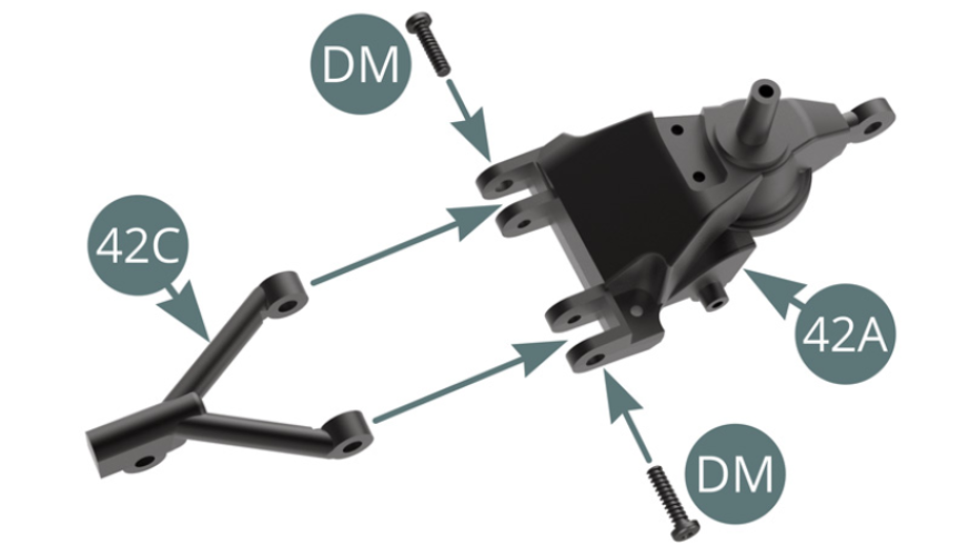 Fit Bottom wish bone (42C) to Rear right upright (42A) and fix with two DM screws .