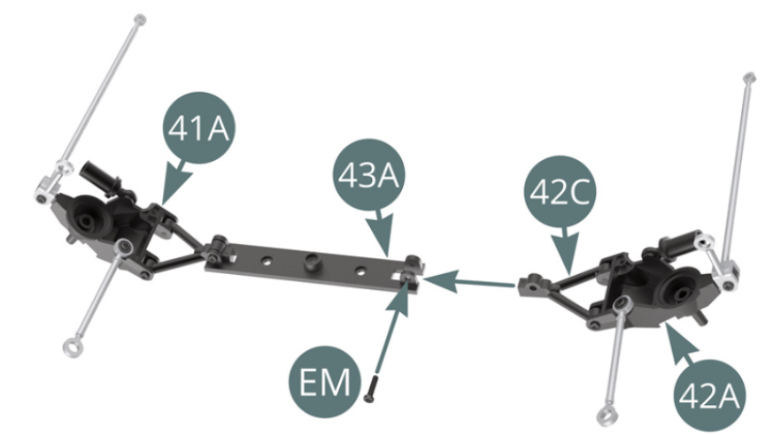 Fit the lower wishbone 42C (attached to the right rear pivot 42A) to the rear axle 43A and secure it with an EM screw.