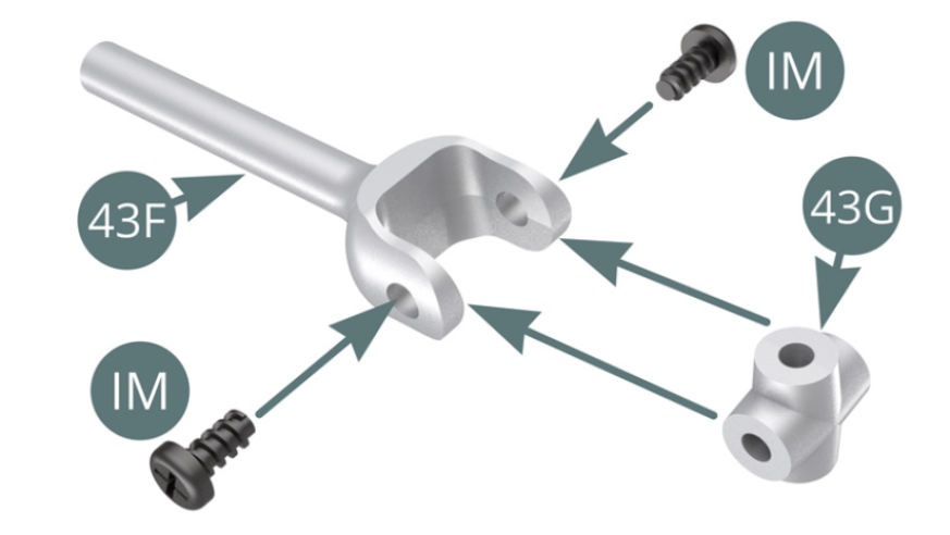 Assemble 2 sets of Half shafts following upper and lower illustrations :Fit Universal joint (43G) to Half shaft (43F) and fix with two IM screws.Fit Half shaft (43E) to Universal joint (43G) and fix with two IM screws.
