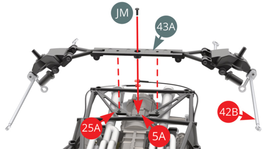 Fit Rear axle (43A) to Chassis frame (25A) and Casing (5A) with JM screw. Take note to place the end of Radius arm (42B) above Right fuel tank (33A) top panel ( lower illustration )