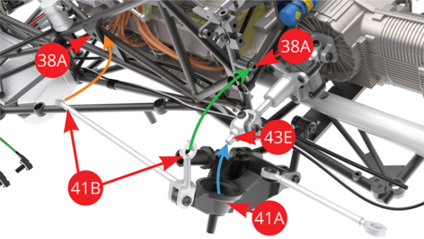 Elevate Left upright (41A) to catch the stub of Half axle (43E) - blue arrow -, at the same time aligning Radius arm (41B) with upper link to Left side frame (38A) attachment points (orange and green arrows) 