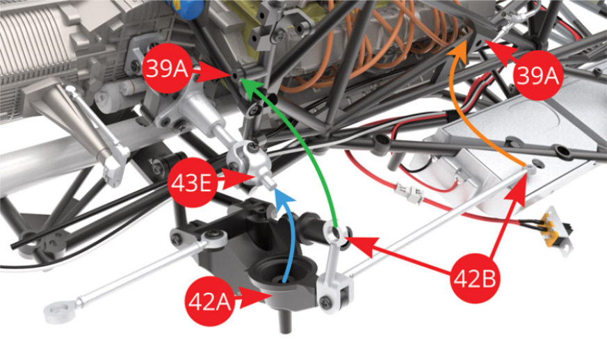 Elevate Right upright (42A) to catch the stub of Half axle (43E) -  blue arrow - , at the same time aligning Radius arm (42B) with upper link to Right side frame (39A) attachment points (orange and green arrows) .