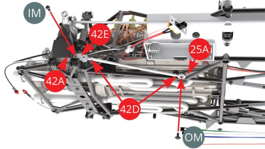 Fix preassembled Radius arm (42D) with Bracket (42E) to Chassis frame (25A) by OM screw, and  Right upright (42A) by IM screw respectively.