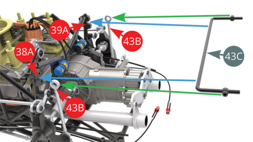 Fit Rear anti roll bar (43C) to Left (38A), Right (39A) side frames - blue arrows - and two Drop links (43B) - green arrows .