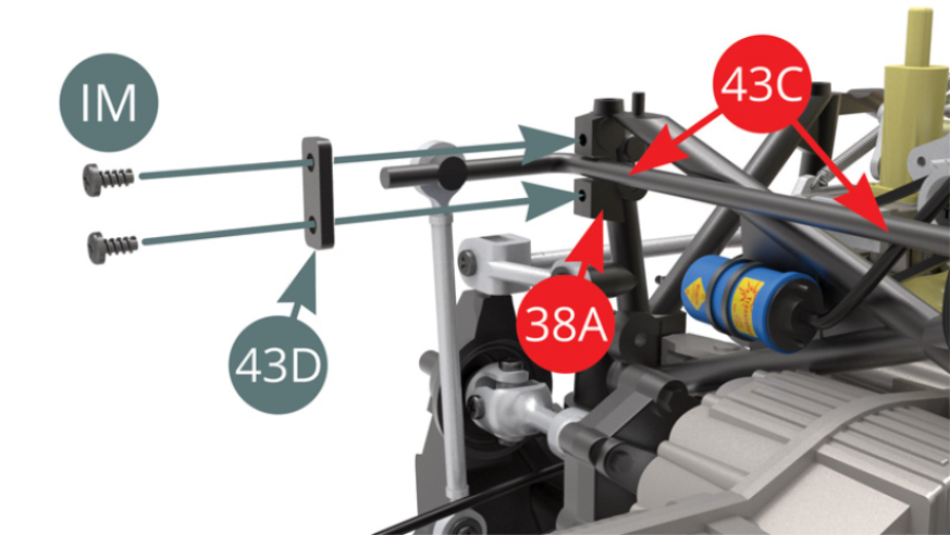 Fix Rear anti roll bar (43C) to  Left side frame (38A) via Tie down plank (43D) with two IM screws.