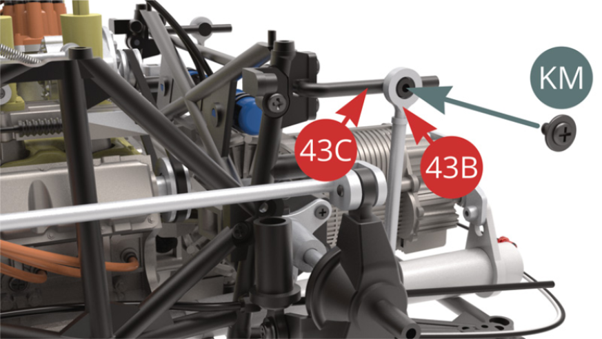 Fix Rear anti roll bar (43C) to Left and Right side drop links (43B) with two KM screws (upper and lower illustrations).