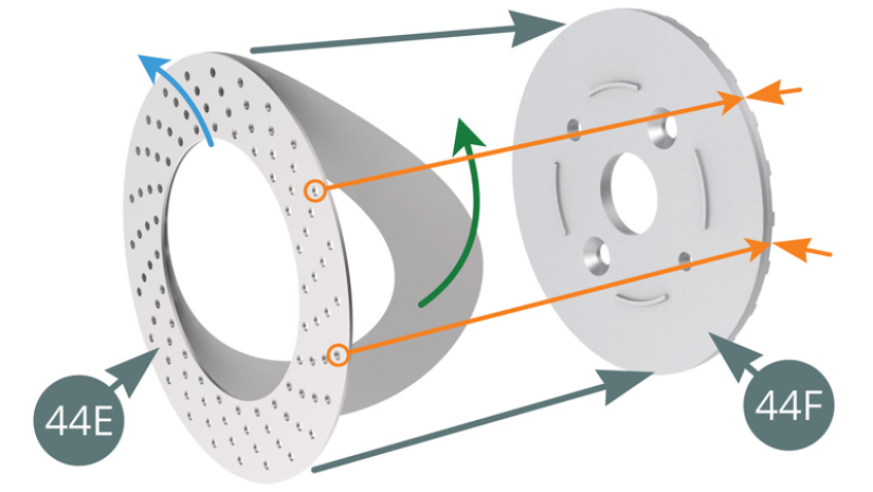 Right brake disc assemblyRemove the paper backing (green arrow) from the surface of the Brake disc (44E) - note the direction of the ventilation holes, blue arrow - and apply the adhesive to the inner Brake half disc (44F). Ensure that the outer holes are in front of the ribs of the disc (44F) - orange arrows.Peel off the paper backing (green arrow) from the surface of the Brake disc (44E) - note the direction of the ventilation holes, red arrow - and apply the adhesive to the outer Brake half disc (44G). Ensure that the outer holes are in front of the ribs of the disc (44G) - orange arrows.