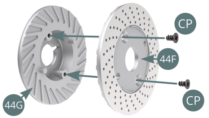 Position the Outer brake half discs (44G & 44F) together and attach them with two CP screws