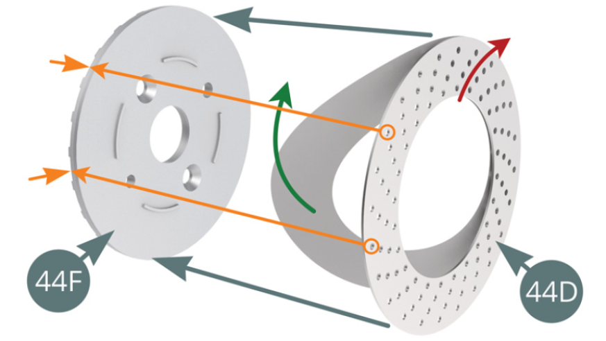 Left brake disc assemblyRemove the paper backing (green arrow) from the surface of the Brake disc (44D) - note the direction of the ventilation holes, red arrow - and apply the adhesive to the inner Brake half disc (44F). Ensure that the outer holes are in front of the ribs of the 44F disc (44F) - orange arrows.