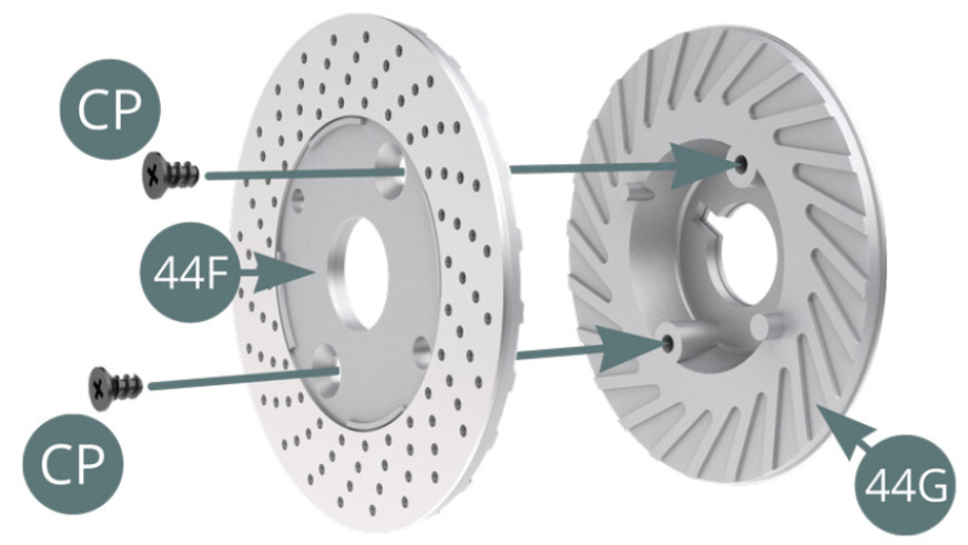 Position the outer Brake half discs (44G & 44F) together and secure them with two CP screws.