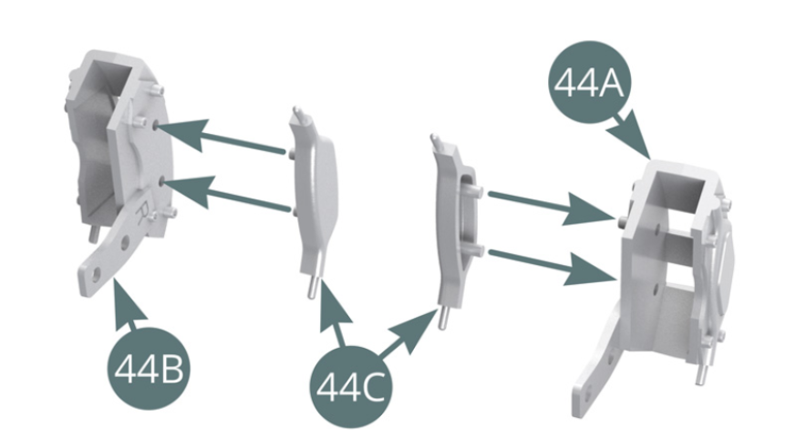 Position the Brake piston covers (44C) on the left Brake calipers (44A & 44B)