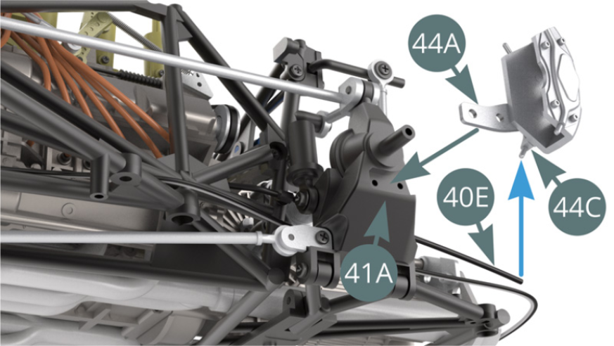 Connect the Brake line (40E) to the nipple at the bottom of the Piston cover (44C) -  blue arrow. Position the Left brake caliper (44A) on the left rear pivot (41A) and fix with two IM screws (illustrations opposite).