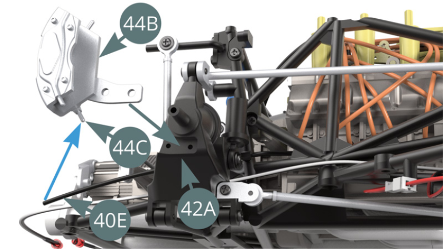 Connect the Brake line (40E) to the nipple at the bottom of the Piston cover (44C) - blue arrow. Position the Right brake caliper (44B) on the Right rear pivot (42A) and fix it with two IM screws (illustrations opposite).