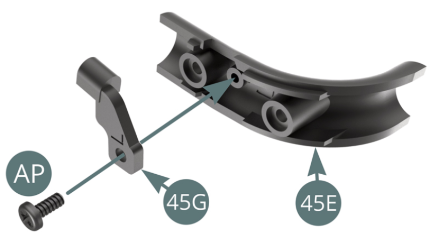 Position the Pipe Outlet (45F) on the 45E-45D assembly. Position the Support bracket (45G) on the line (45E) and secure it with an AP screw. 