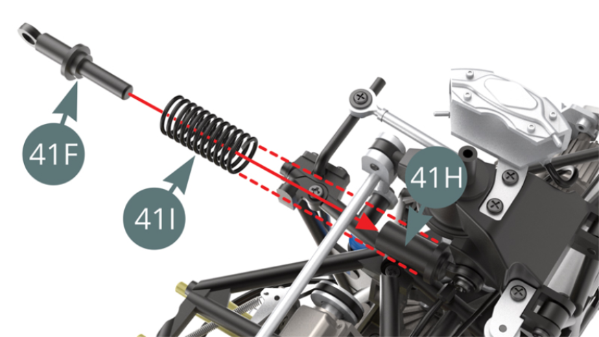 Position the Suspension Spring (41I) on the Damper (41H) - red dotted arrows. Position the Suspension piston rod (41F) into the Damper cylinder (41H) by passing it through the spring (41I). 