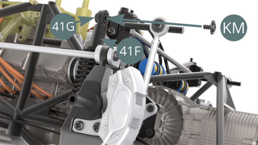 Position the Suspension piston rod head (41F) on the end of the bracket (41G) and secure it with a KM screw.