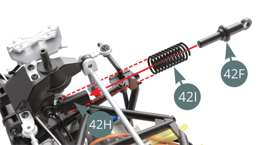Position the Suspension spring (42I) on Damper (42H) - red dotted arrows. Position the Suspension piston rod (42F) into the Damper (42H) through the Spring (42I). 