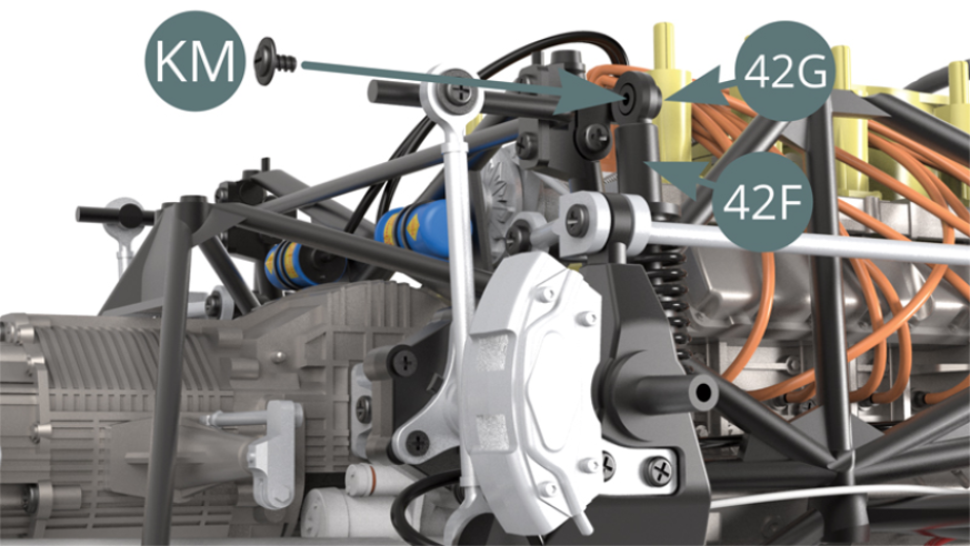 Position the Suspension piston rod (42F) on the end of the Bracket (42G) and secure it with a KM screw.