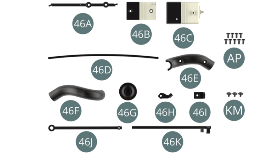 46A Strut 46B Engine oil recovery tank 46C Tank cover 46D Engine oil recovery hose 46E Transmission cooling line 46F Transmission cooling line 46G Line outlet 46H Support bracket  46I Bonnet - Arm Support 46J Bonnet - Lift arm 46K Bonnet - Lift arm AP Screw M 1.7 x 4 mm (x 9) KM Vis M 1.7 x 3 x 5 mm (x 3)