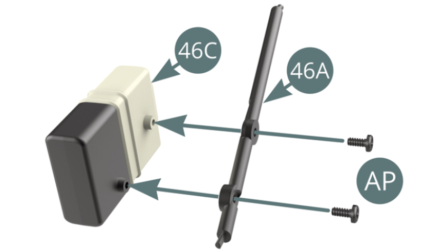 Position the Strut (46A) on the Engine oil recovery tank (46B) and secure with two AP screws.