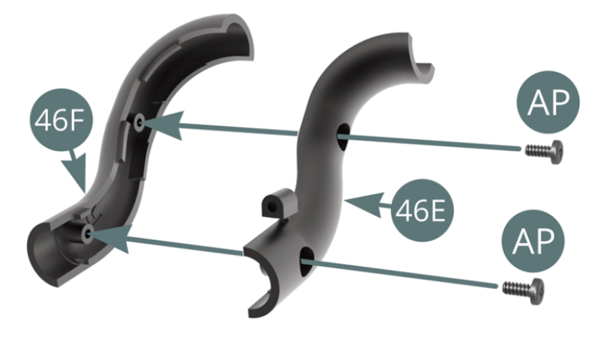 Connect the two Cooling line halves (46F and 46E) and secure them with two AP screws. 