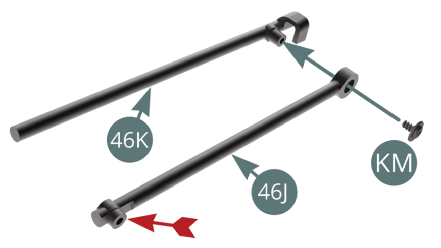 Position the Lift arm (46J) on the Lift arm (46K) - note the orientation of the free end indicated by the red arrow - and secure it with a KM screw.