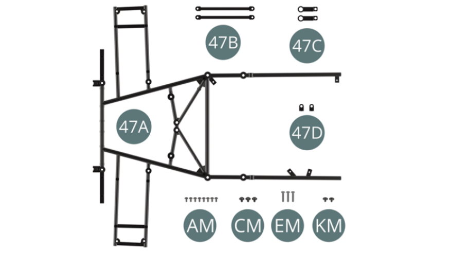 47A Upper frame 47B Front lower strut (x 2) 47C Bracket (x 2) 47D Bracket (x 2) AM Screw M 1.7 x 3 mm (x 8) CM Screw M 2.0 x 3 x 5 mm (x 3) EM Screw M 2.0 x 9 mm (x 3) KM Screw M 1.7 x 3 x 5 mm (x 2)