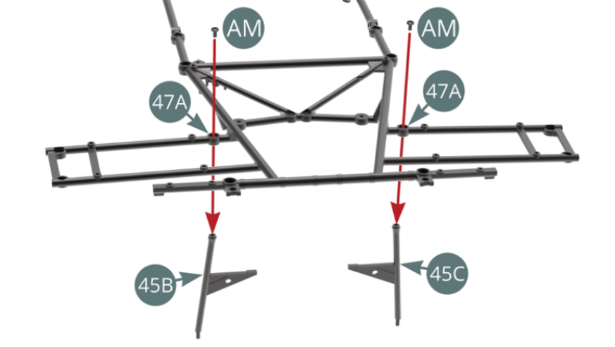 Position the left stand (45B) and right stand (45C) on the Upper frame (47A) and secure each with an AM screw (see illustrations opposite and below).