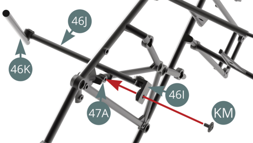 Position the Bonnet lift arm (46K-46J) on the Upper frame (47A) via the bracket 46I and secure with a KM screw.Check that the lift arms (46K-46J) fold and unfold correctly (blue arrows) as shown in the picture.