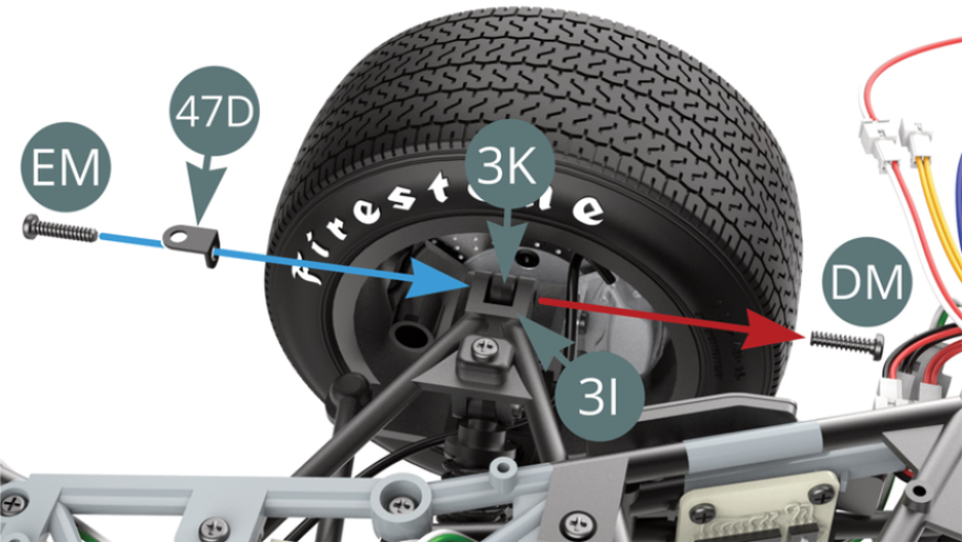 Unscrew the DM screw from the left upright joint 3I & 3K (red arrow) and secure it on the other side with an EM screw by attaching the Bracket (47D) - blue arrow.