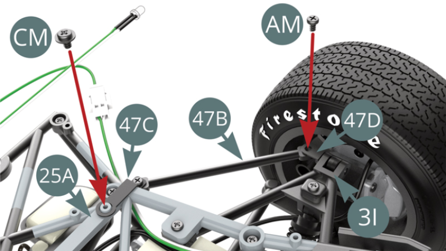 Position the free end of the Front lower strut (47B) on the Bracket (47D) and the Bracket (47C) of the other end on the Lower frame (25A). Then fix them with an AM and CM screw respectively (under the left side).