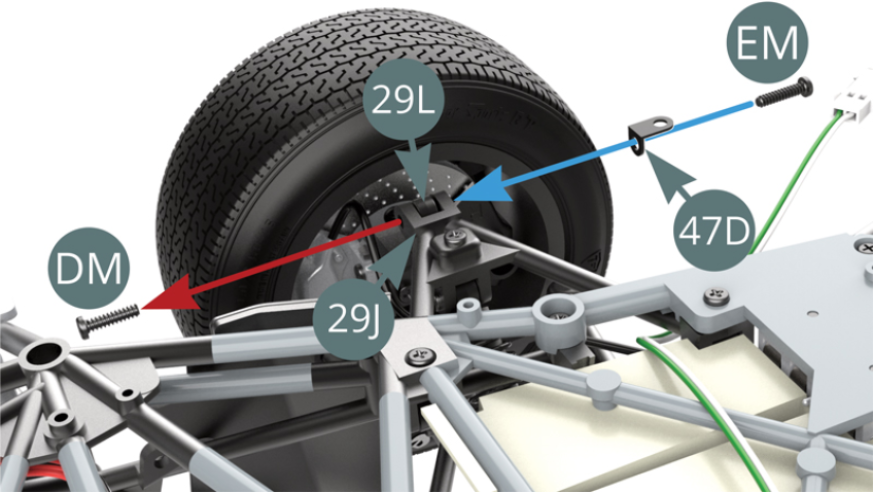Unscrew the DM screw from the Left upright joint (3J-3L) - red arrow - and secure it on the other side with an EM screw by attaching the Bracket (47D) - blue arrow.