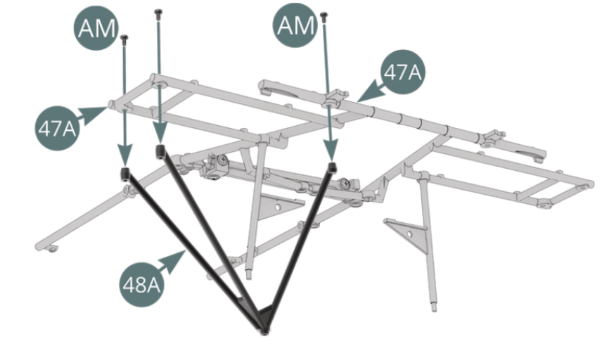 Position the Left Tripod Bar (48A) on the Top frame (47A) and secure with three AM screws (shown opposite and below).