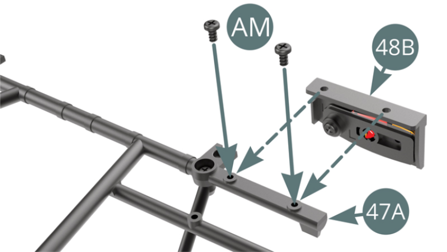 Position the left tail light housing (48B) on the right rear end of the Upper frame (47A) and secure with two AM screws (shown opposite).